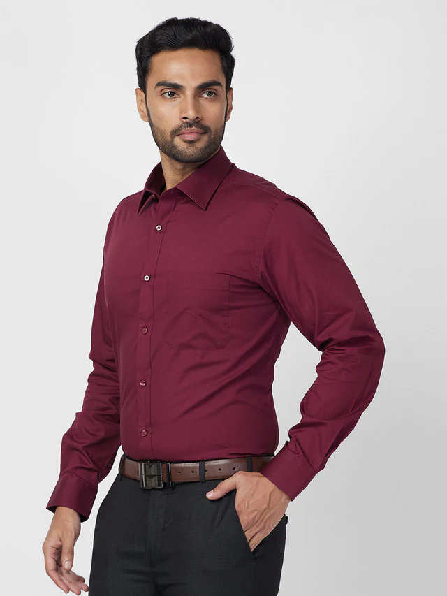 Raymond Maroon Solid Slim Fit Cotton Formal Shirt - Image 3
