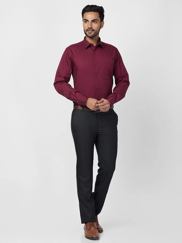 Raymond Maroon Solid Slim Fit Cotton Formal Shirt - Image 5