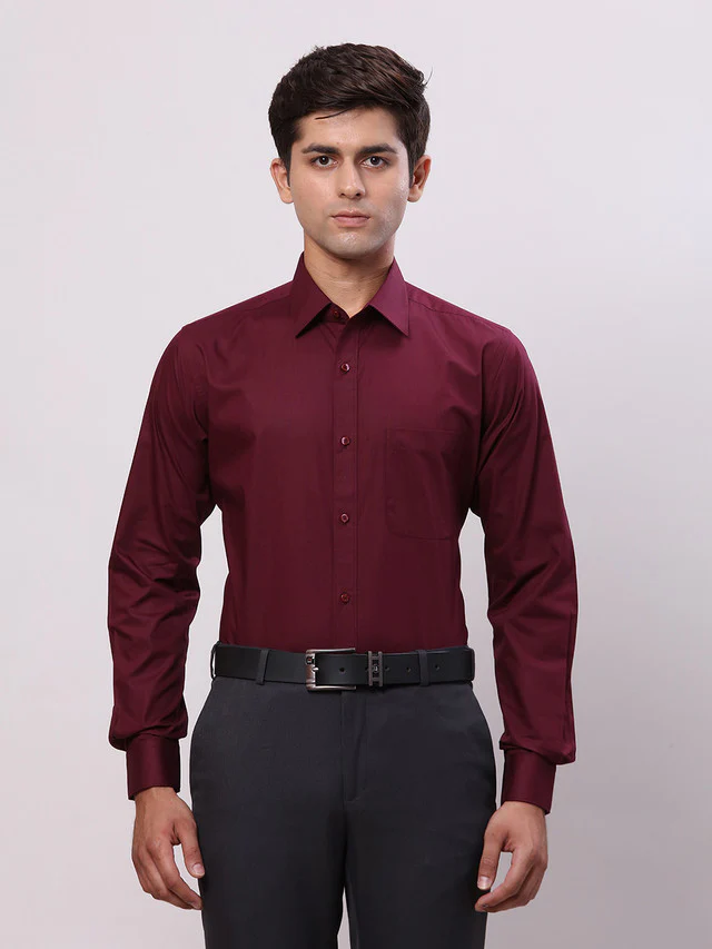 Raymond Maroon Solid Slim Fit Cotton Formal Shirt