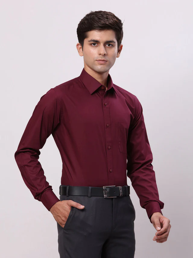 Raymond Maroon Solid Slim Fit Cotton Formal Shirt - Image 2