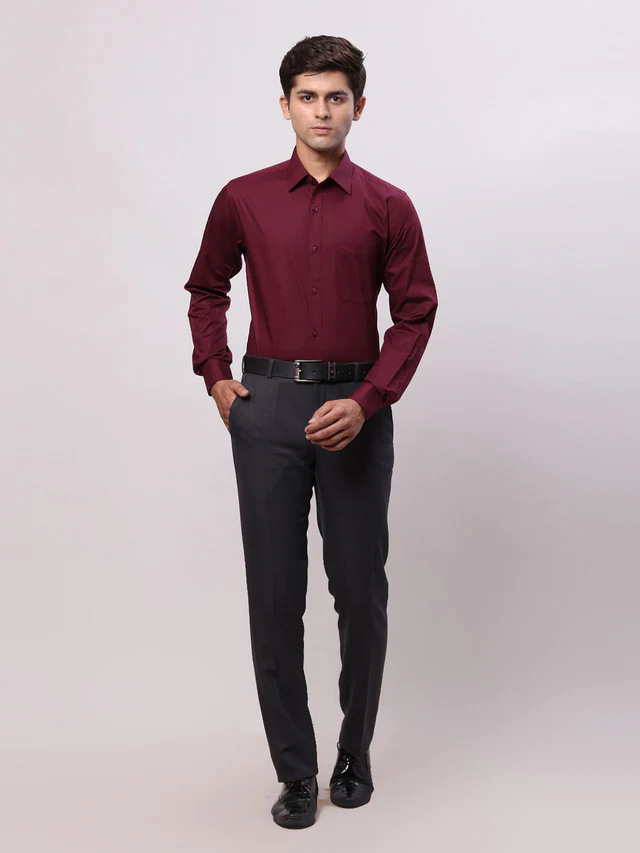 Raymond Maroon Solid Slim Fit Cotton Formal Shirt - Image 5