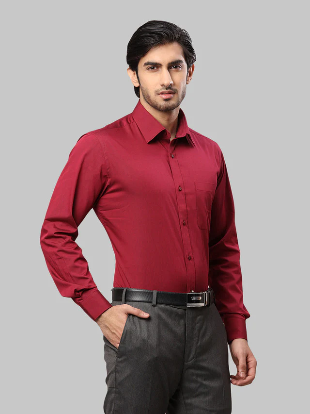 Raymond Maroon Solid Slim Fit Cotton Formal Shirt - Image 2