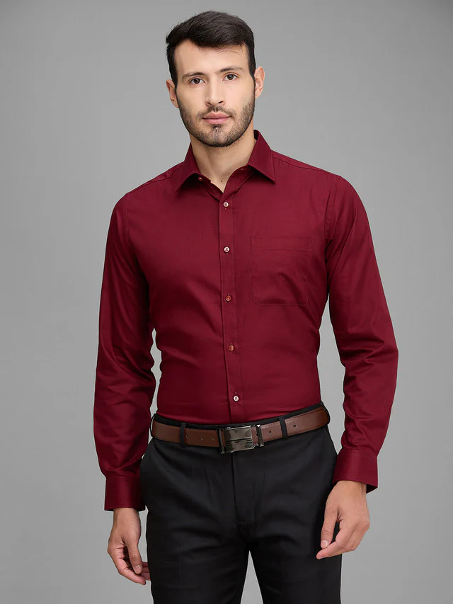 Raymond Men Maroon Solid Cotton Formal Shirt