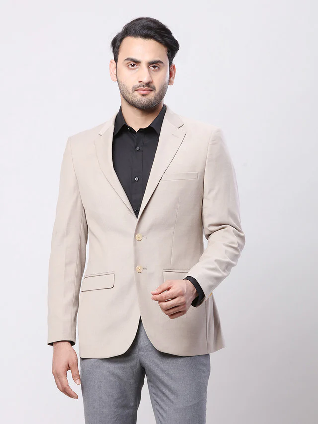 Raymond Men Beige Solid Contemporary Fit Full Sleeve Shawl Neck Jacket