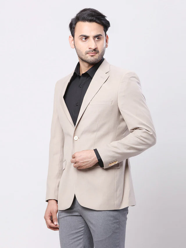Raymond Men Beige Solid Contemporary Fit Full Sleeve Shawl Neck Jacket - Image 3