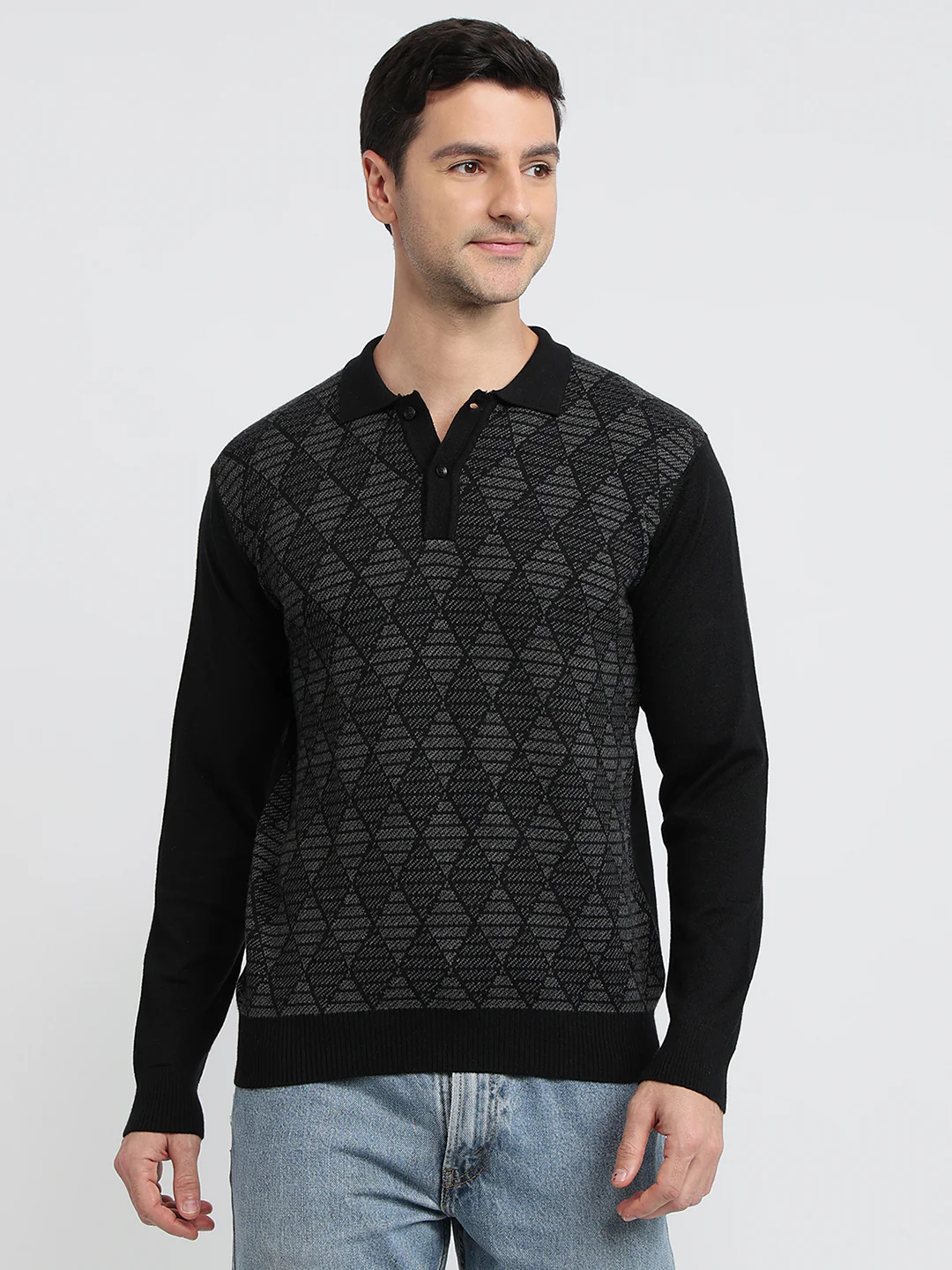 Raymond Men Black Argyle Contemporary Fit Wool Blend Sweatshirt