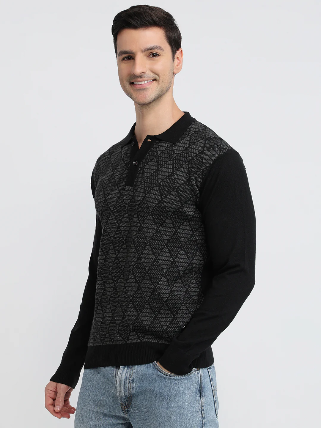 Raymond Men Black Argyle Contemporary Fit Wool Blend Sweatshirt - Image 2