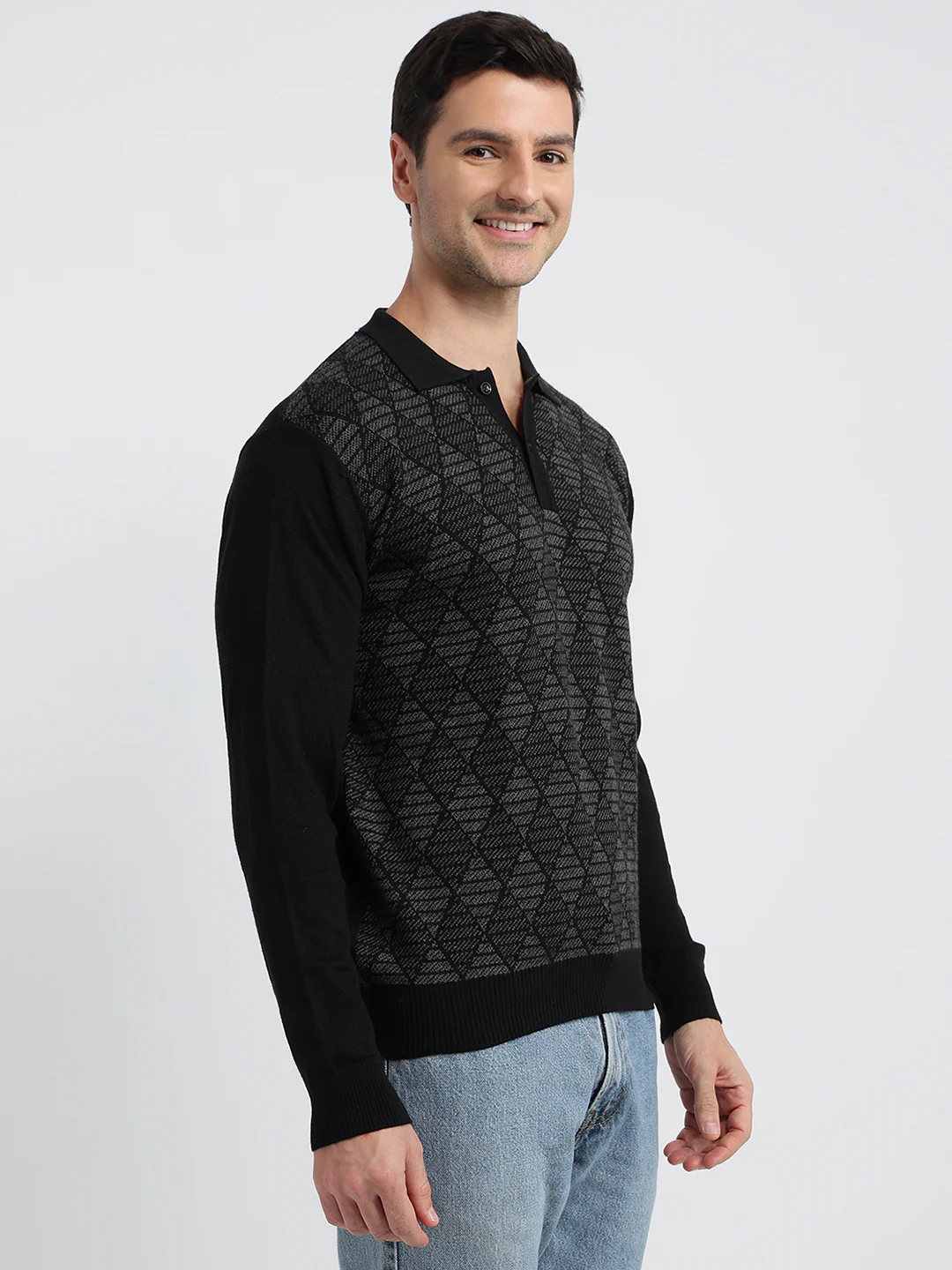 Raymond Men Black Argyle Contemporary Fit Wool Blend Sweatshirt - Image 3