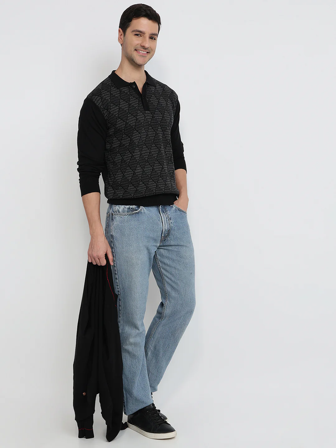 Raymond Men Black Argyle Contemporary Fit Wool Blend Sweatshirt - Image 5