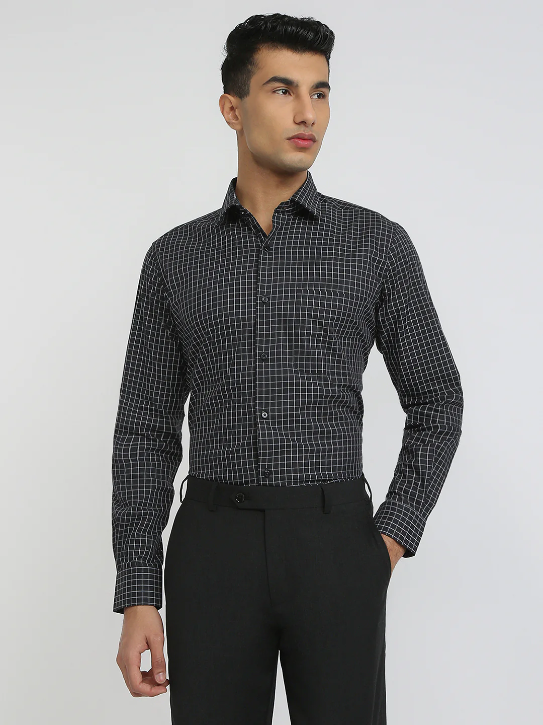 Raymond Men Black Checks Contemporary Fit Cotton Blend Formal Shirt