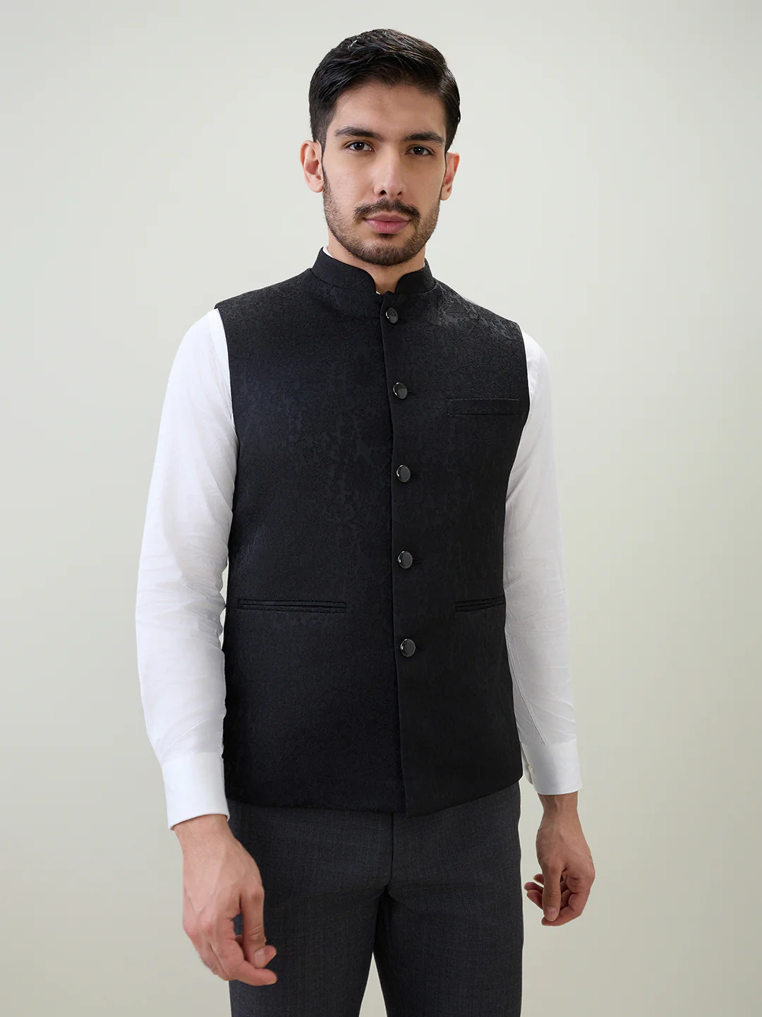 Raymond Men Black Jacquard Contemporary Fit Polyester Blend Waist Coat
