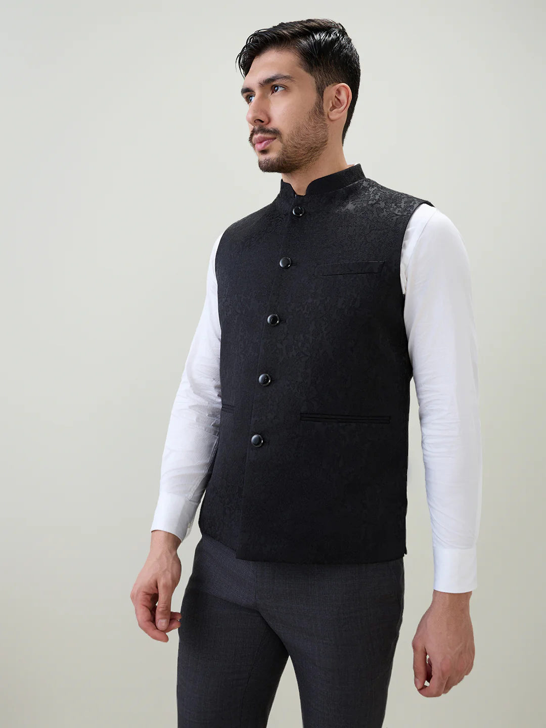 Raymond Men Black Jacquard Contemporary Fit Polyester Blend Waist Coat - Image 2