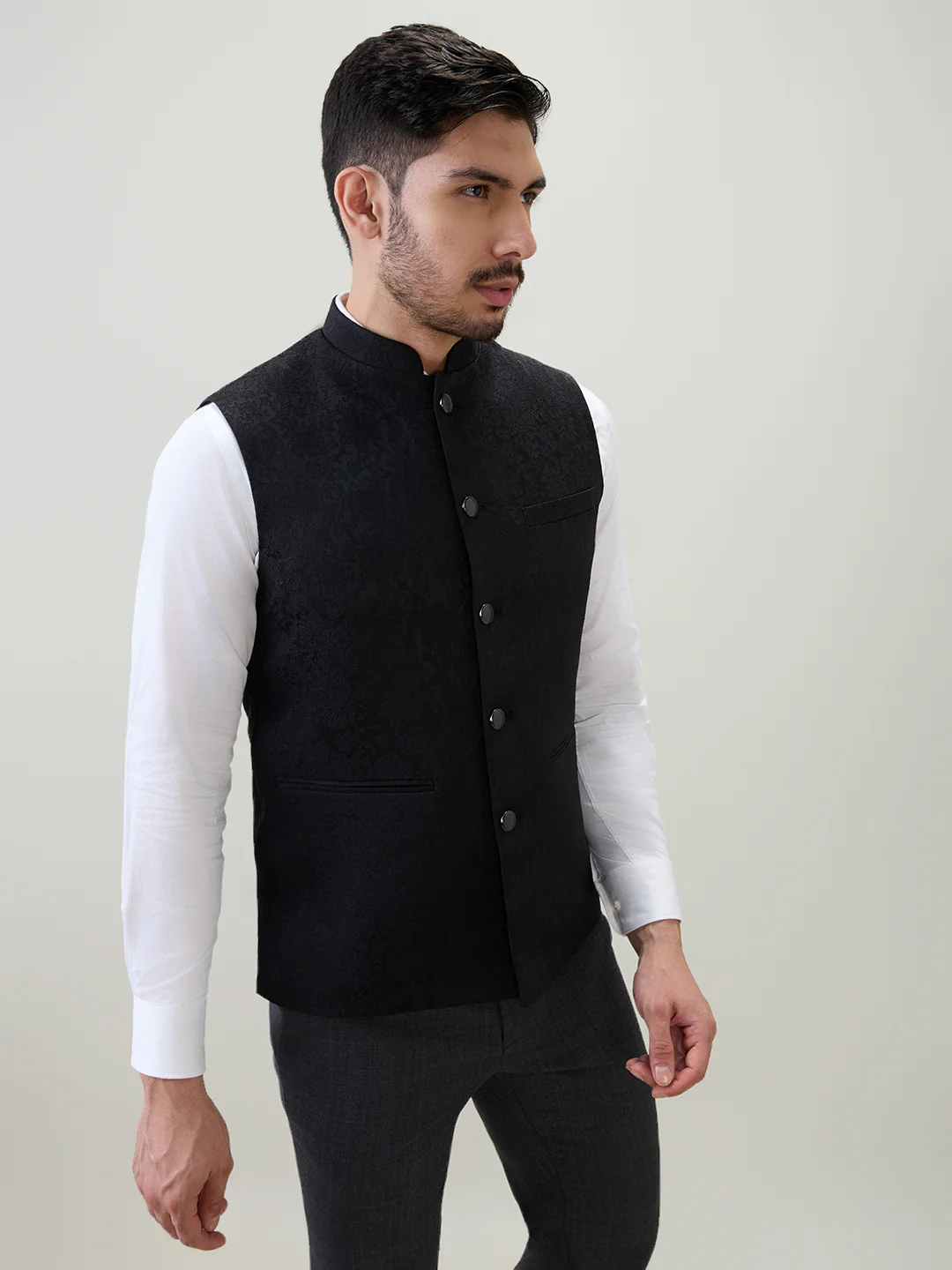 Raymond Men Black Jacquard Contemporary Fit Polyester Blend Waist Coat - Image 3