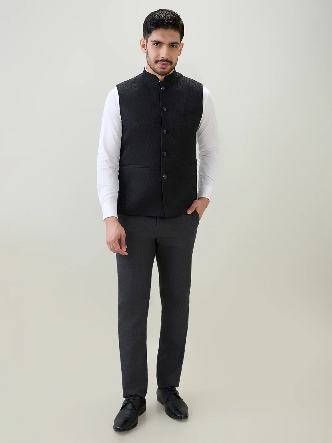 Raymond Men Black Jacquard Contemporary Fit Polyester Blend Waist Coat - Image 5