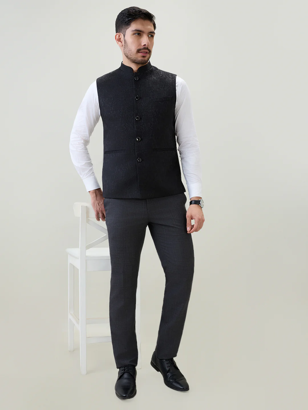 Raymond Men Black Jacquard Contemporary Fit Polyester Blend Waist Coat - Image 6