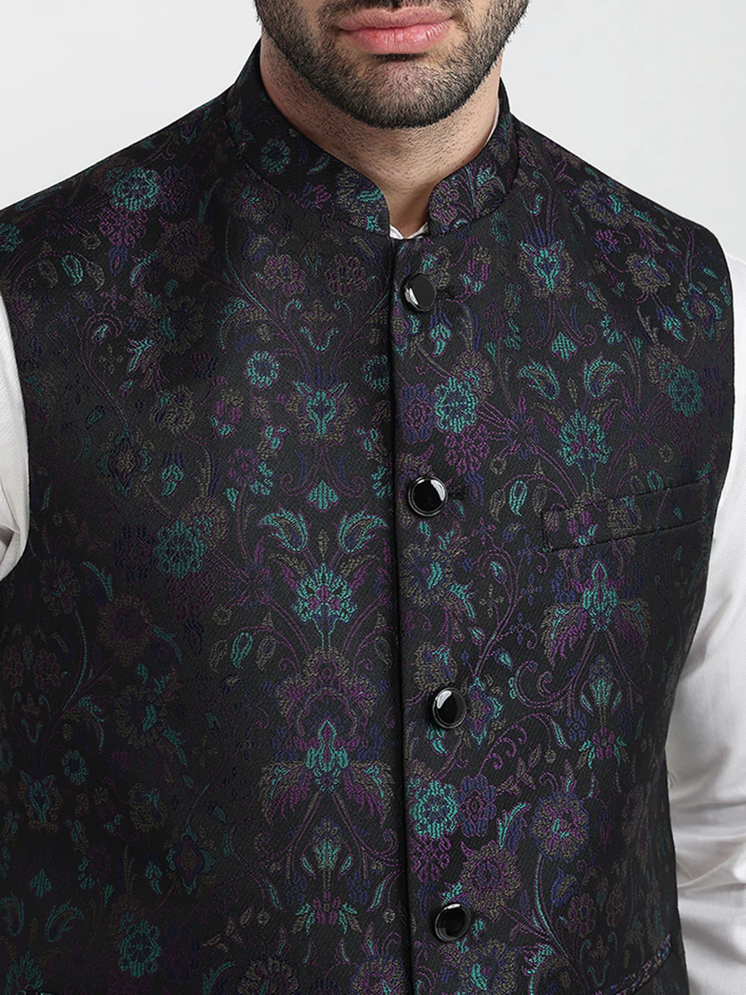 Raymond Men Black Jacquard Contemporary Fit Terry Blend Sleeveless Waist Coat - Image 5