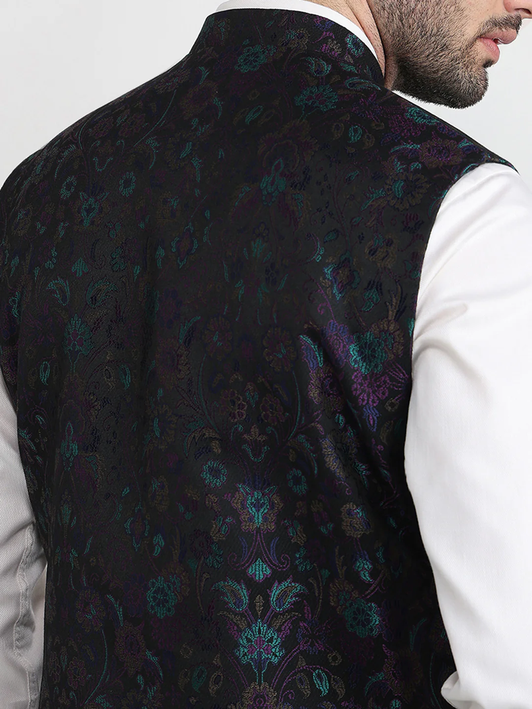 Raymond Men Black Jacquard Contemporary Fit Terry Blend Sleeveless Waist Coat - Image 6