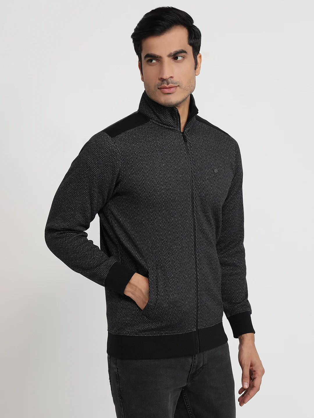 Raymond Men Black Jacquard Regular Fit Cotton Blend Sweatshirt - Image 3