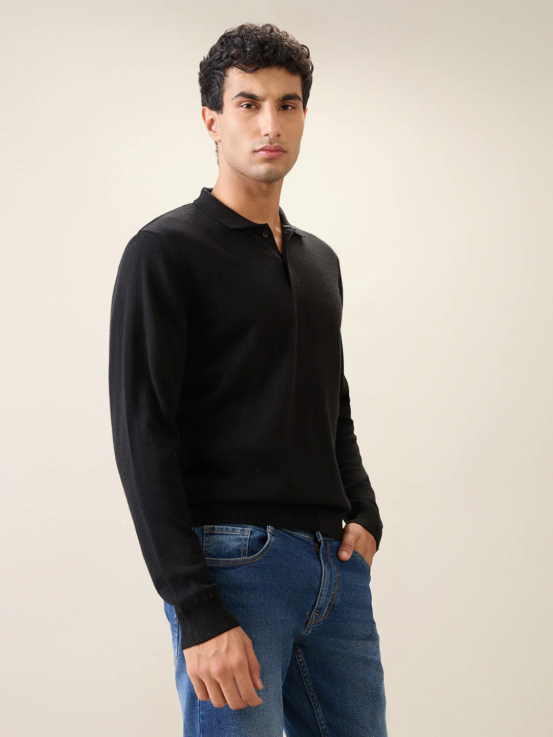 Raymond Men Black Solid Contemporary Fit Wool Blend Full Sleeve Polo Neck Collar Sweater - Image 3