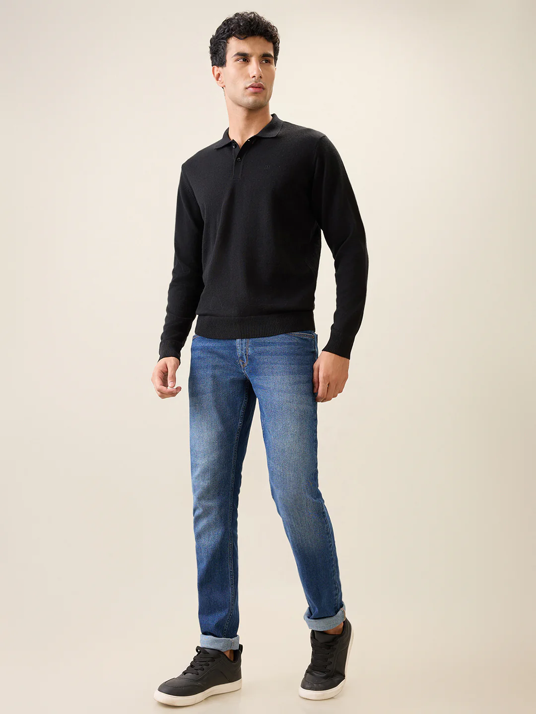 Raymond Men Black Solid Contemporary Fit Wool Blend Full Sleeve Polo Neck Collar Sweater - Image 5