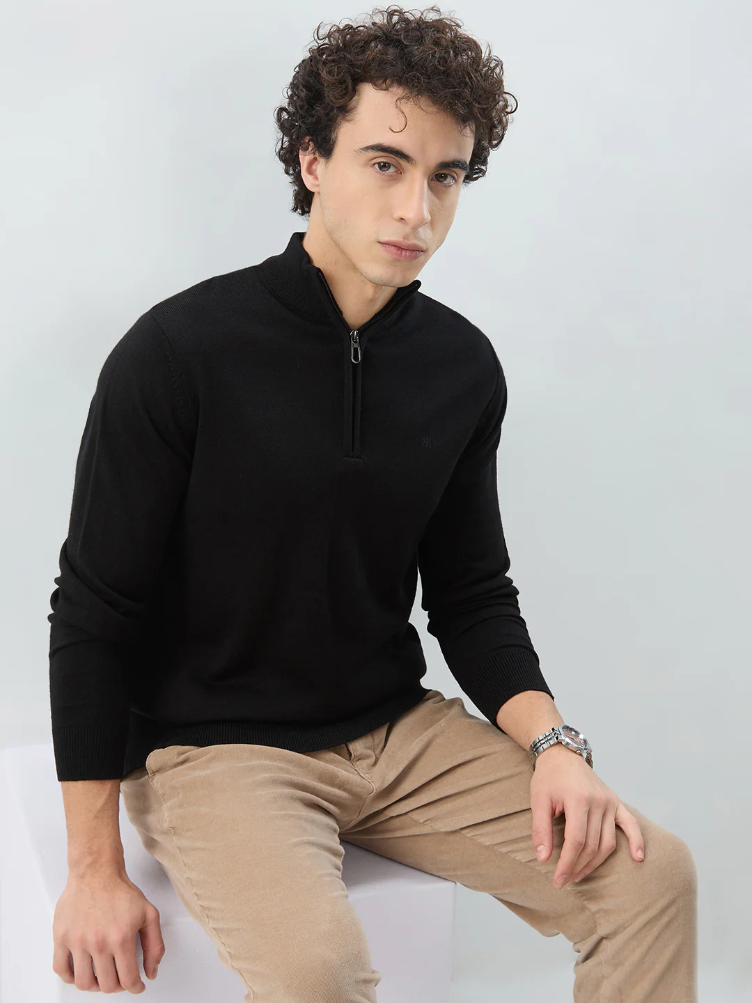 Raymond Men Black Solid Regular Fit Acrylic Sweatshirt - Image 7