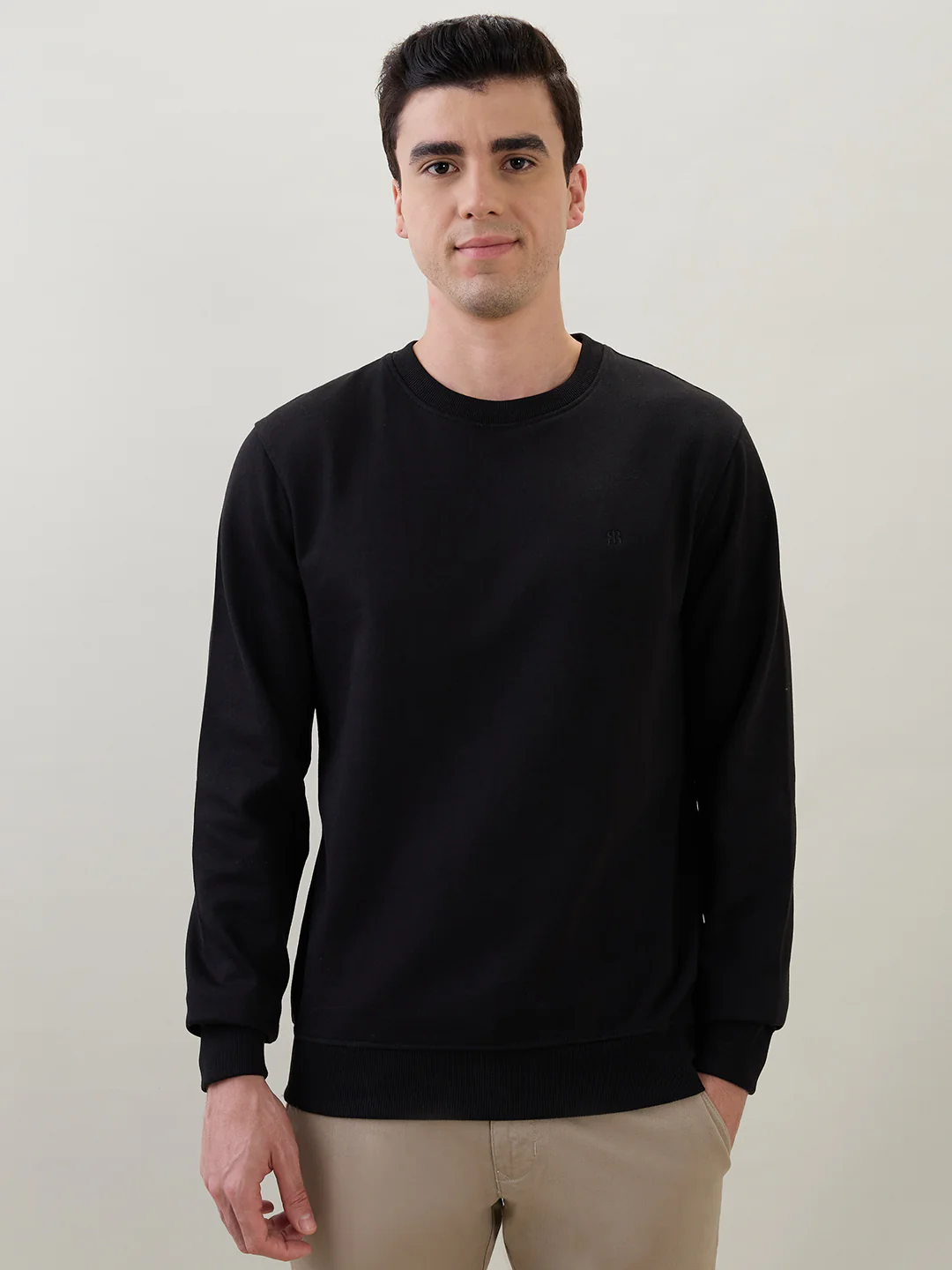 Raymond Men Black Solid Regular Fit Cotton Blend Sweatshirt