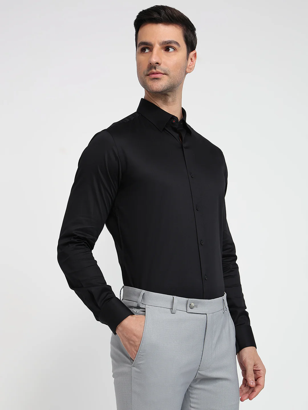 Raymond Men Black Solid Slim Fit Cotton Blend Shirt - Image 3