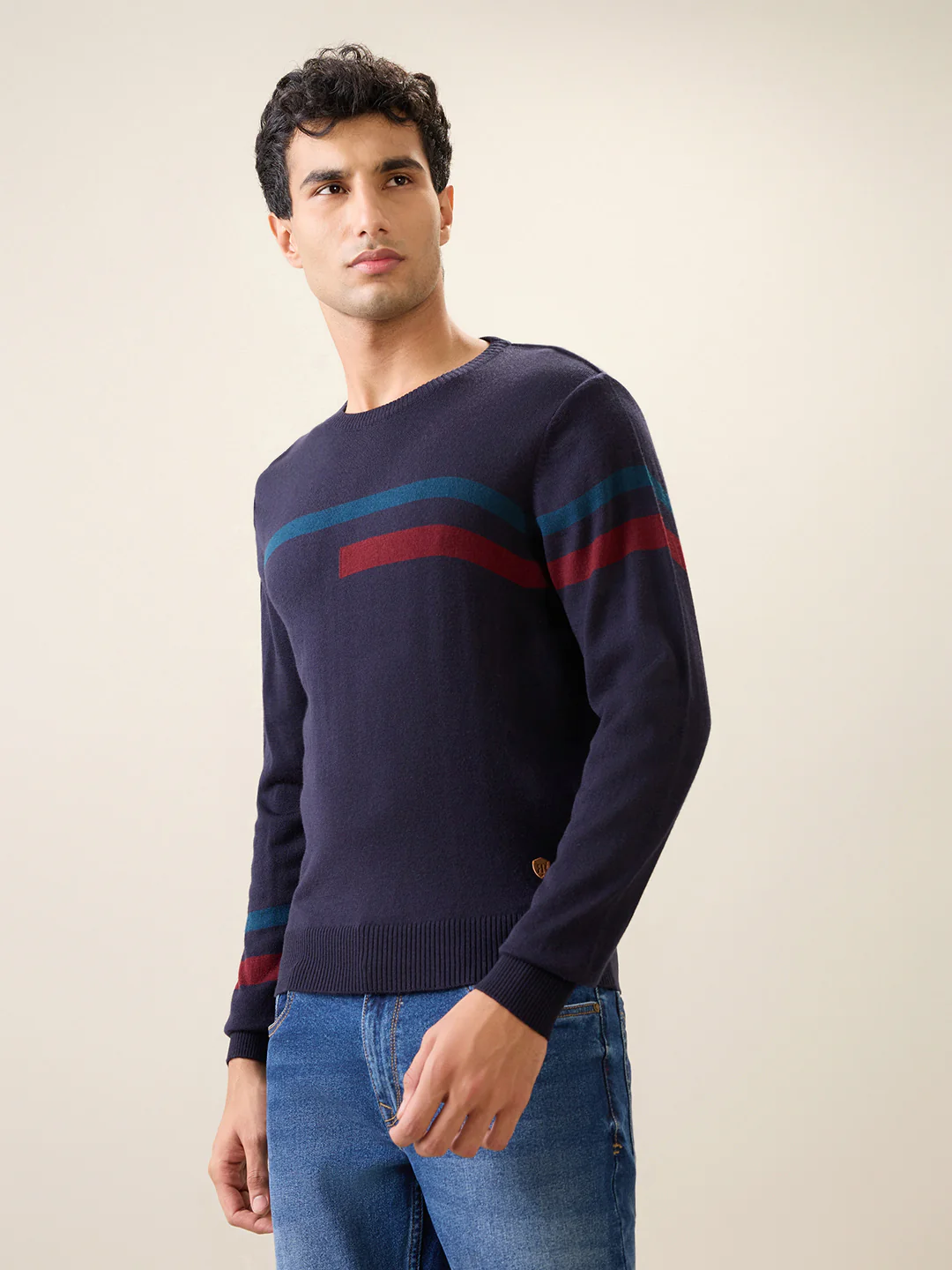 Raymond Men Black Stripe Acrlic Blend Full Sleeve Round Neck Collar Sweater - Image 2
