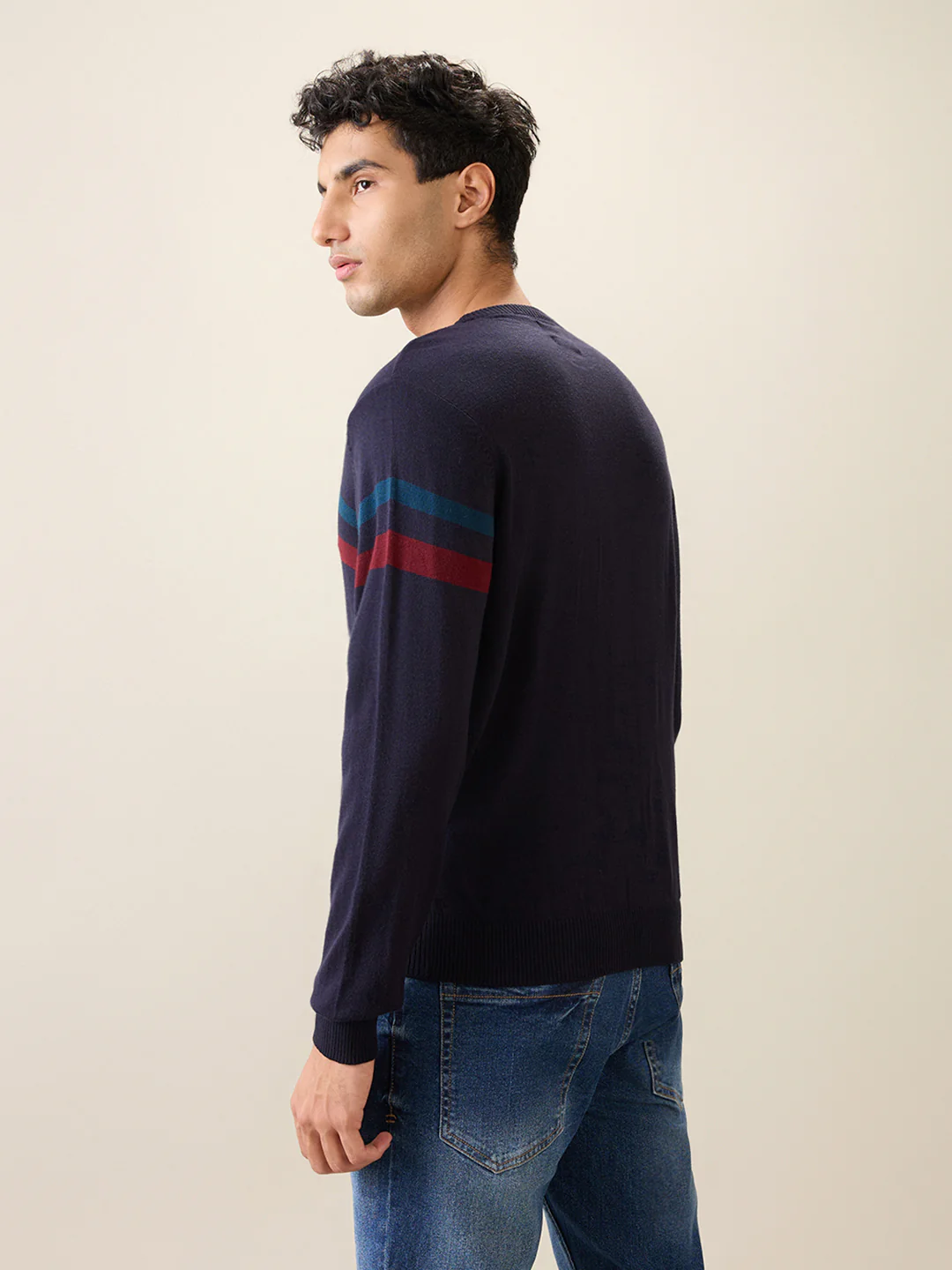 Raymond Men Black Stripe Acrlic Blend Full Sleeve Round Neck Collar Sweater - Image 4