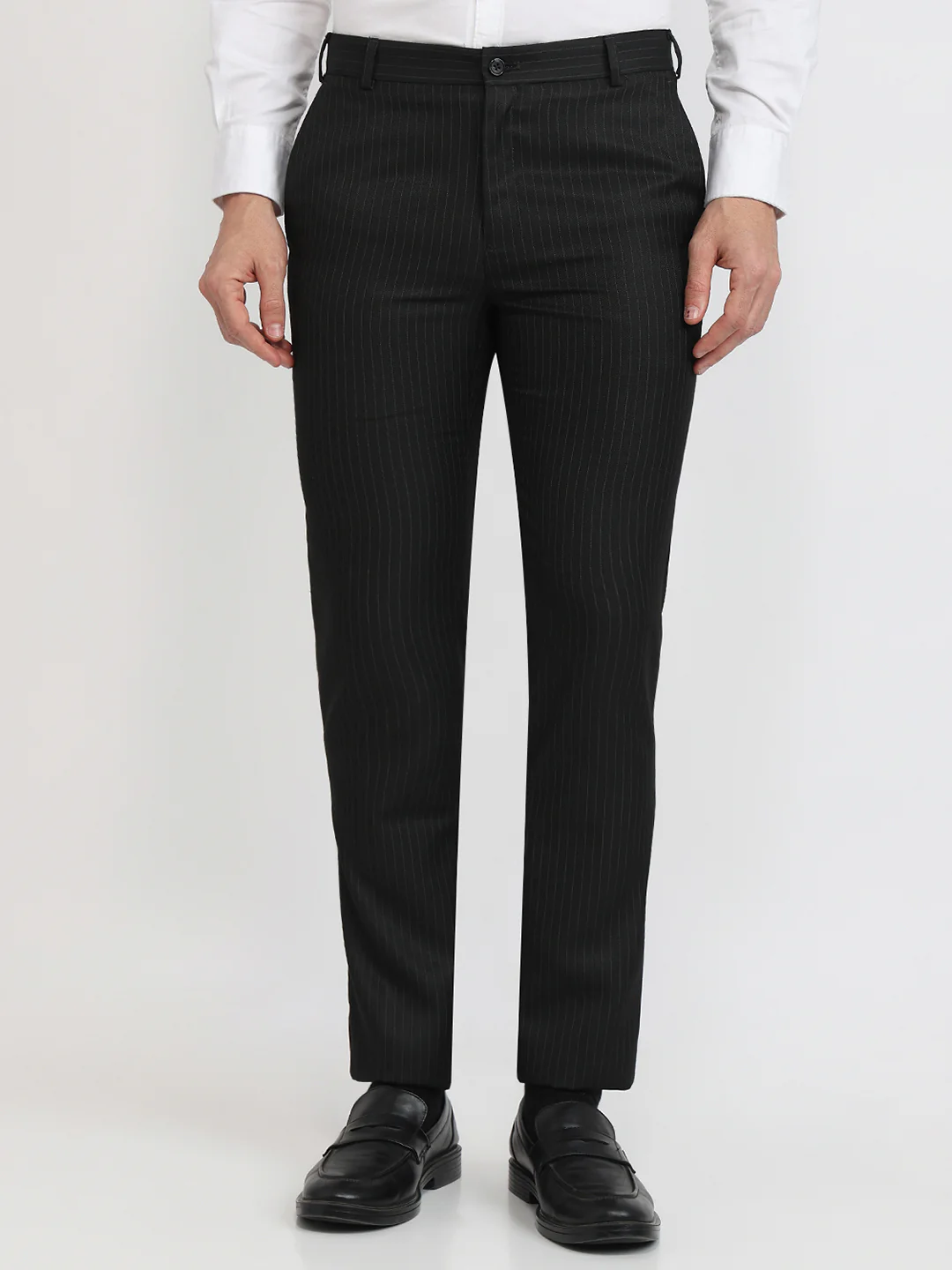 Raymond Men Black Stripe Slim Fit Polyester Blend Trouser