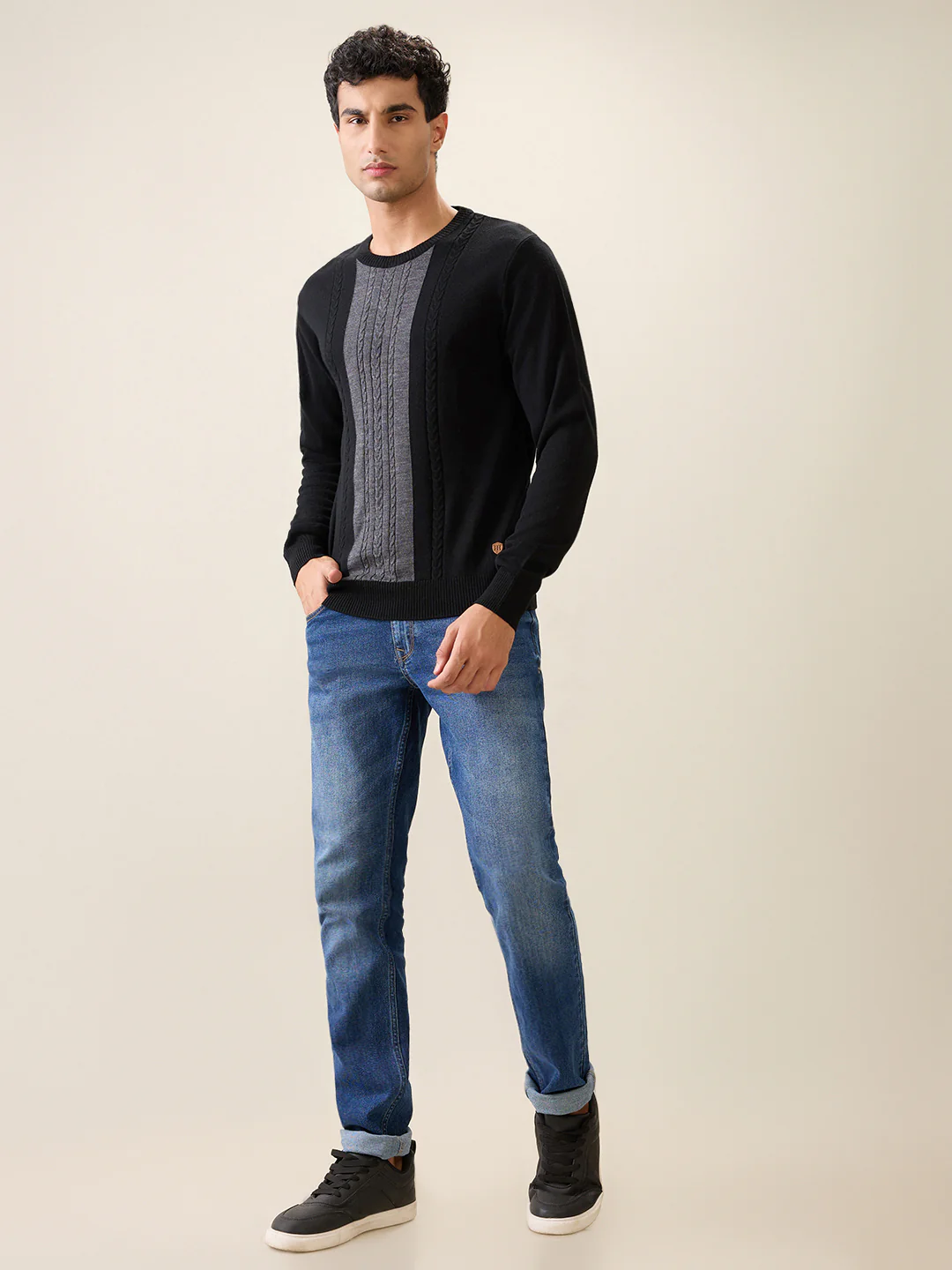 Raymond Men Black Structure Cable Acrlic Blend Full Sleeve Round Neck Collar Sweater - Image 5