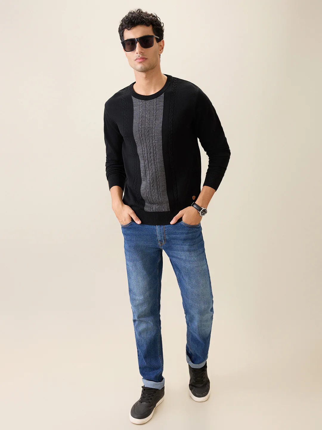 Raymond Men Black Structure Cable Acrlic Blend Full Sleeve Round Neck Collar Sweater - Image 6