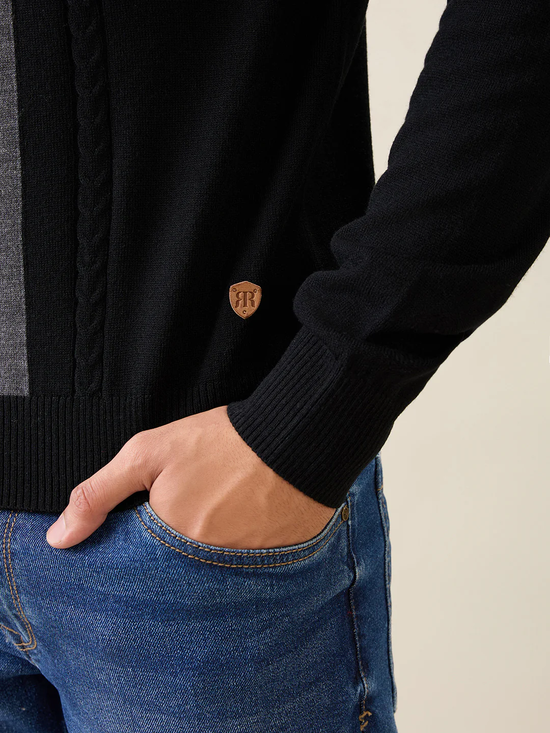 Raymond Men Black Structure Cable Acrlic Blend Full Sleeve Round Neck Collar Sweater - Image 8