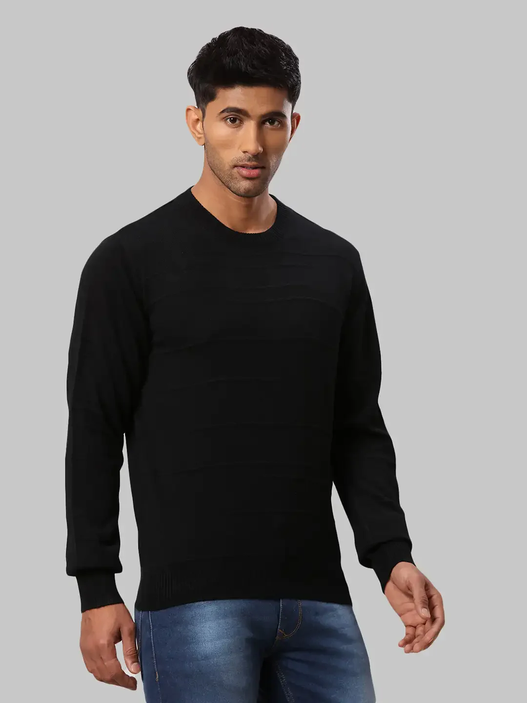 Raymond Men Black Structure Cable Acrylic Blend Full Sleeve Sweaters - Image 2