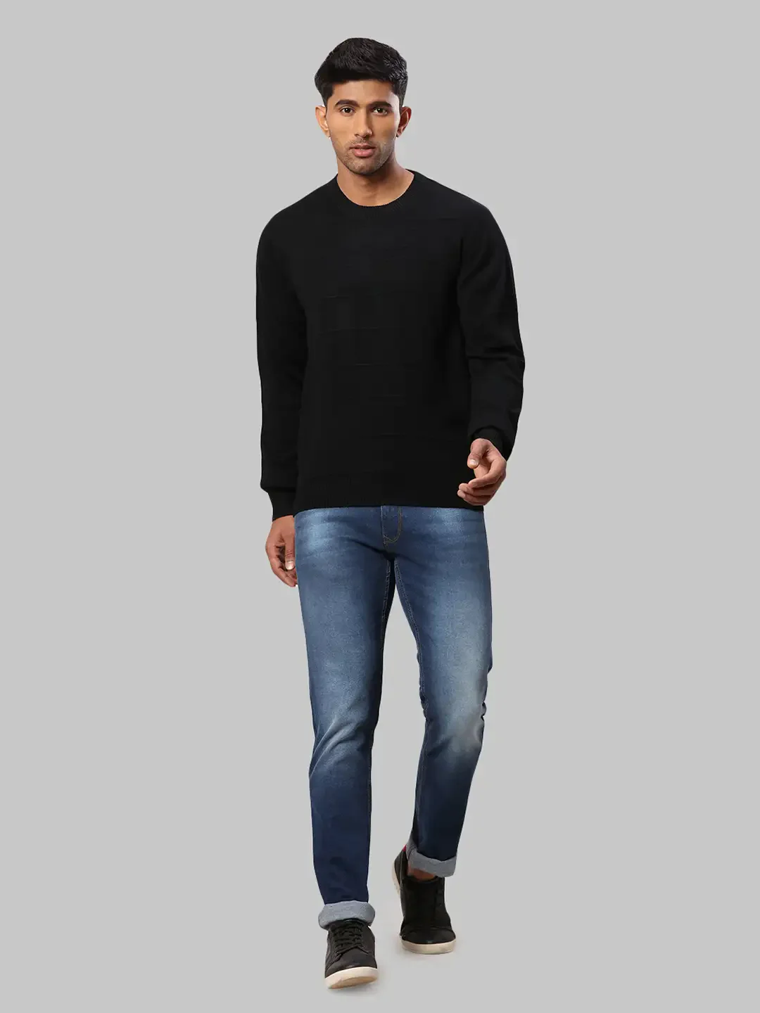 Raymond Men Black Structure Cable Acrylic Blend Full Sleeve Sweaters - Image 5