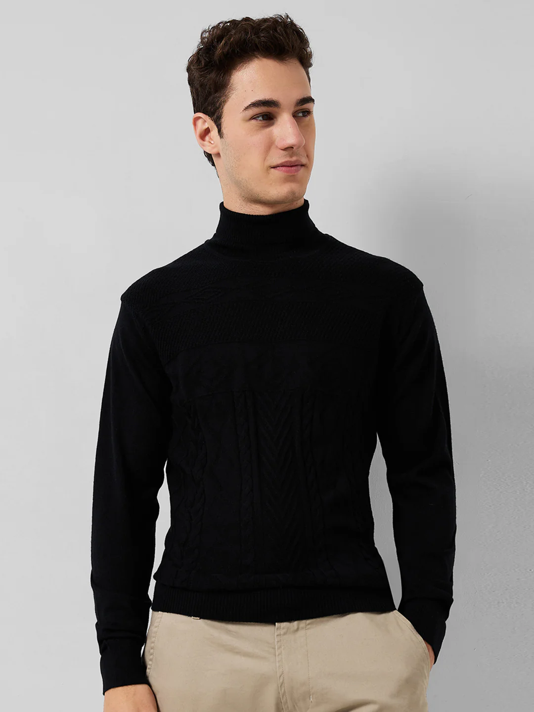 Raymond Men Black Structure Cable Contemporary Fit M Blend Sweatshirt