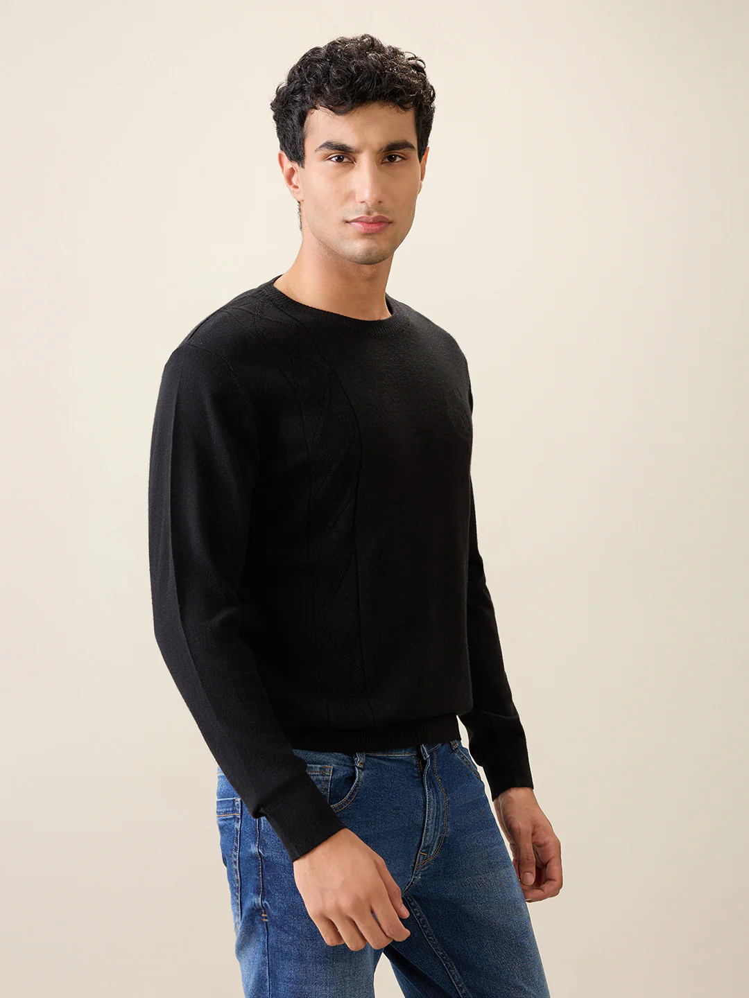 Raymond Men Black Structure Wool Blend Full Sleeve Round Neck Collar Sweater - Image 3