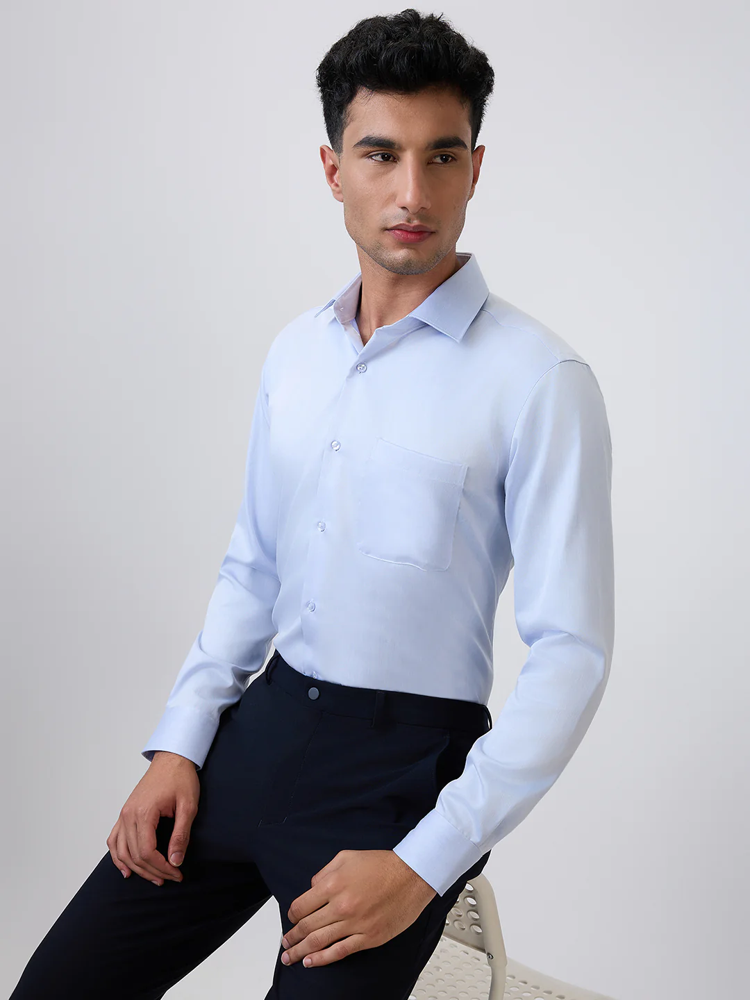 Raymond Men Blue Chambray Contemporary Fit Cotton Formal Shirt