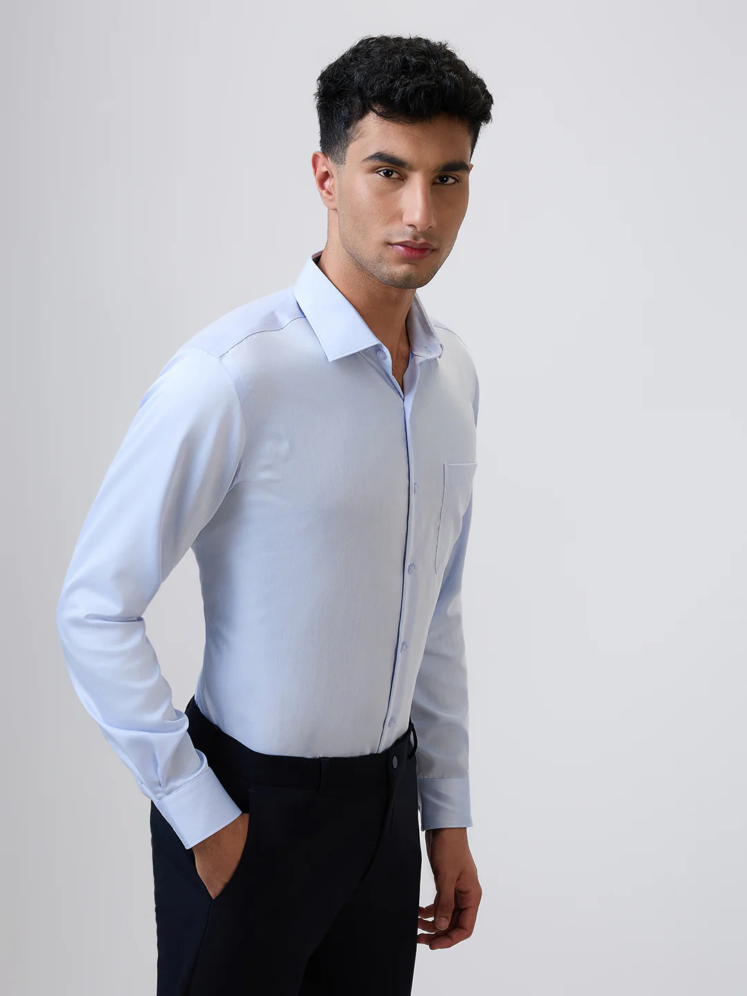 Raymond Men Blue Chambray Contemporary Fit Cotton Formal Shirt - Image 4