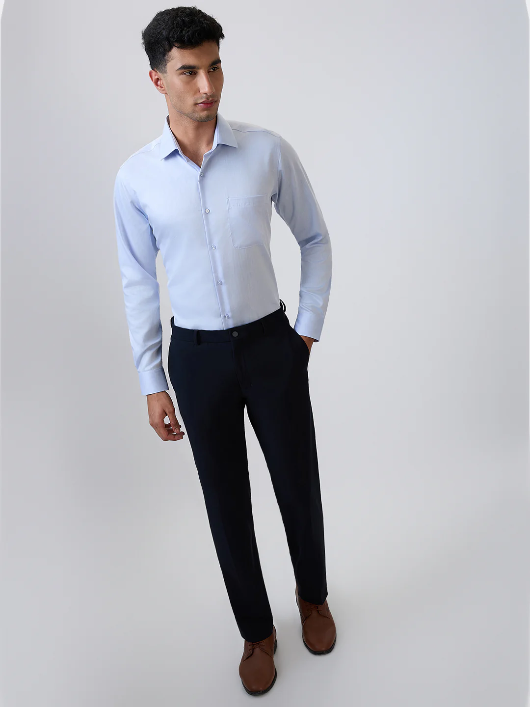 Raymond Men Blue Chambray Contemporary Fit Cotton Formal Shirt - Image 6