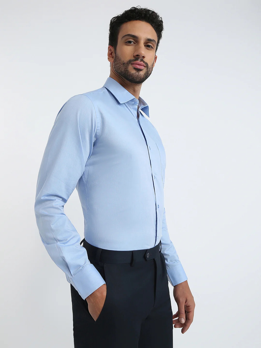 Raymond Men Blue Chambray Slim Fit Cotton Formal Shirt - Image 3