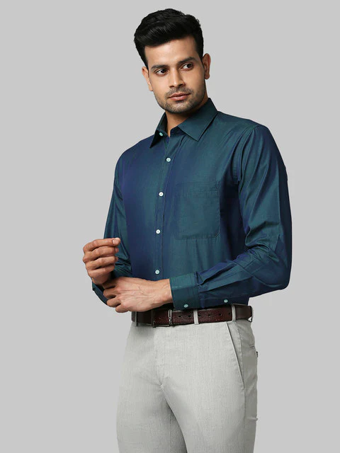 Raymond Men Blue Chambray Slim Fit Cotton Shirt - Image 3