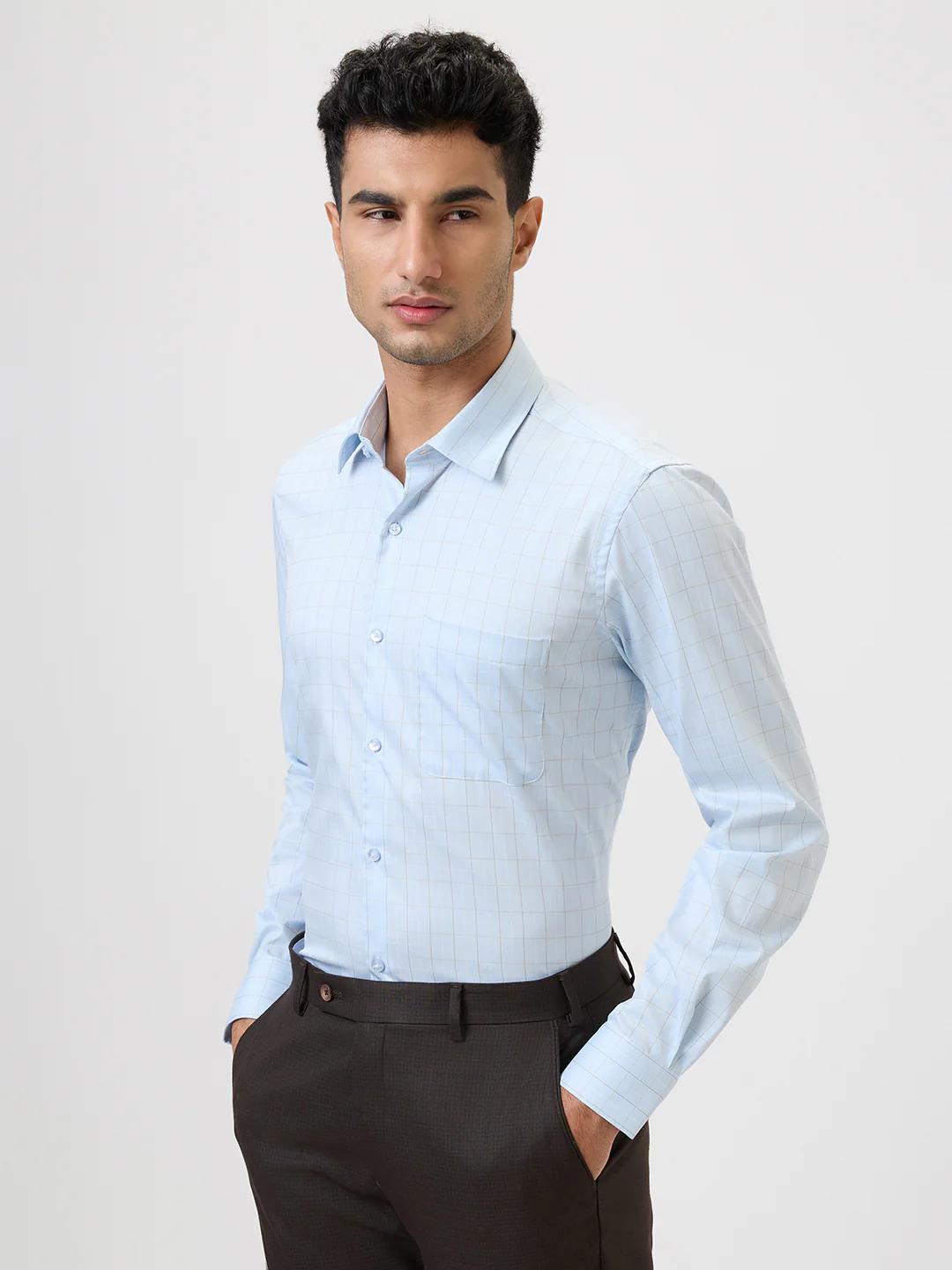 Raymond Men Blue Checks Contemporary Fit Cotton Blend Formal Shirt - Image 2
