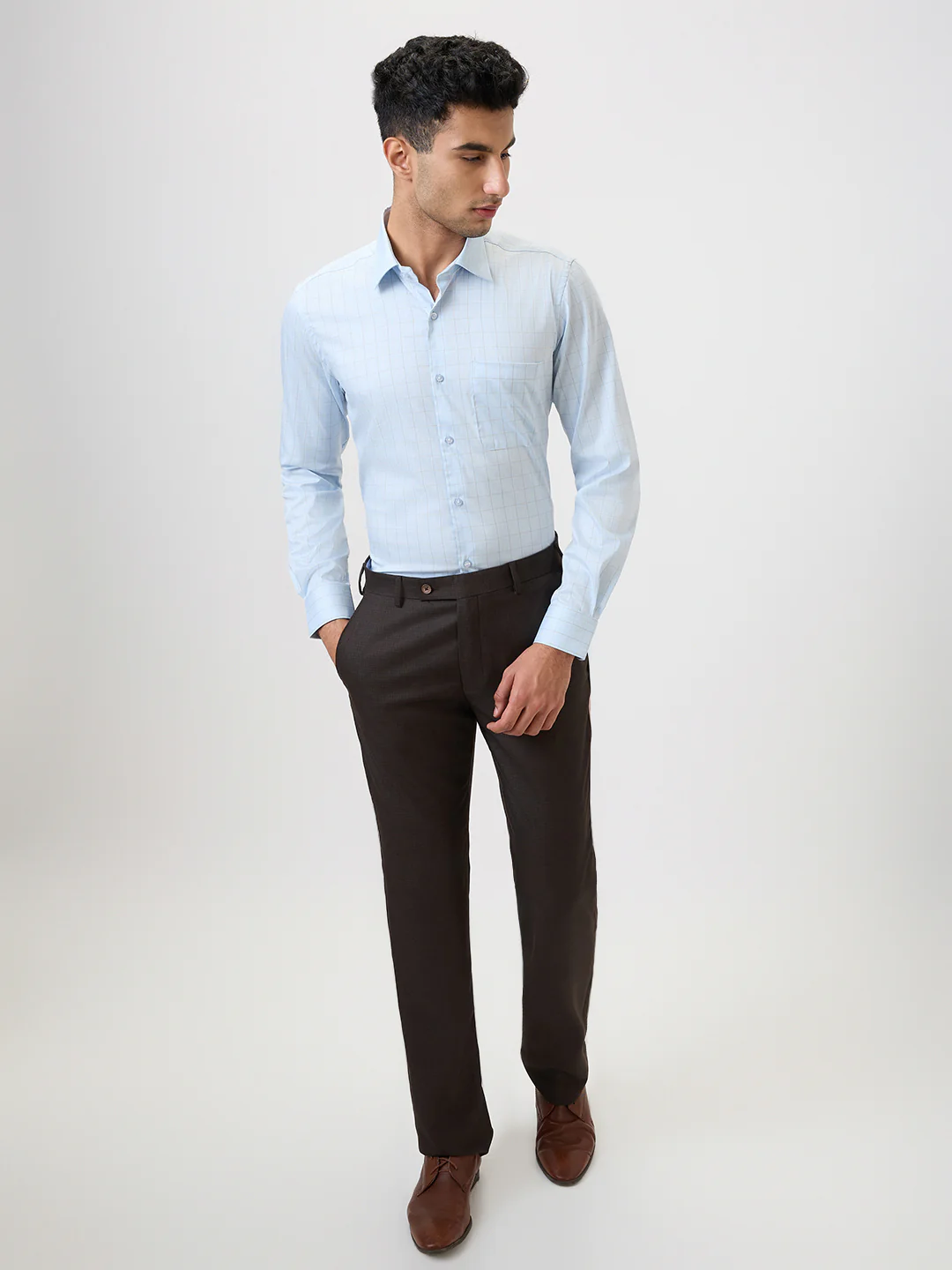 Raymond Men Blue Checks Contemporary Fit Cotton Blend Formal Shirt - Image 5