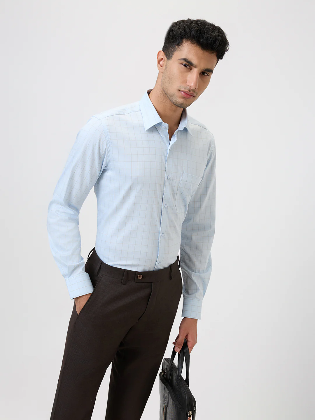 Raymond Men Blue Checks Contemporary Fit Cotton Blend Formal Shirt - Image 6