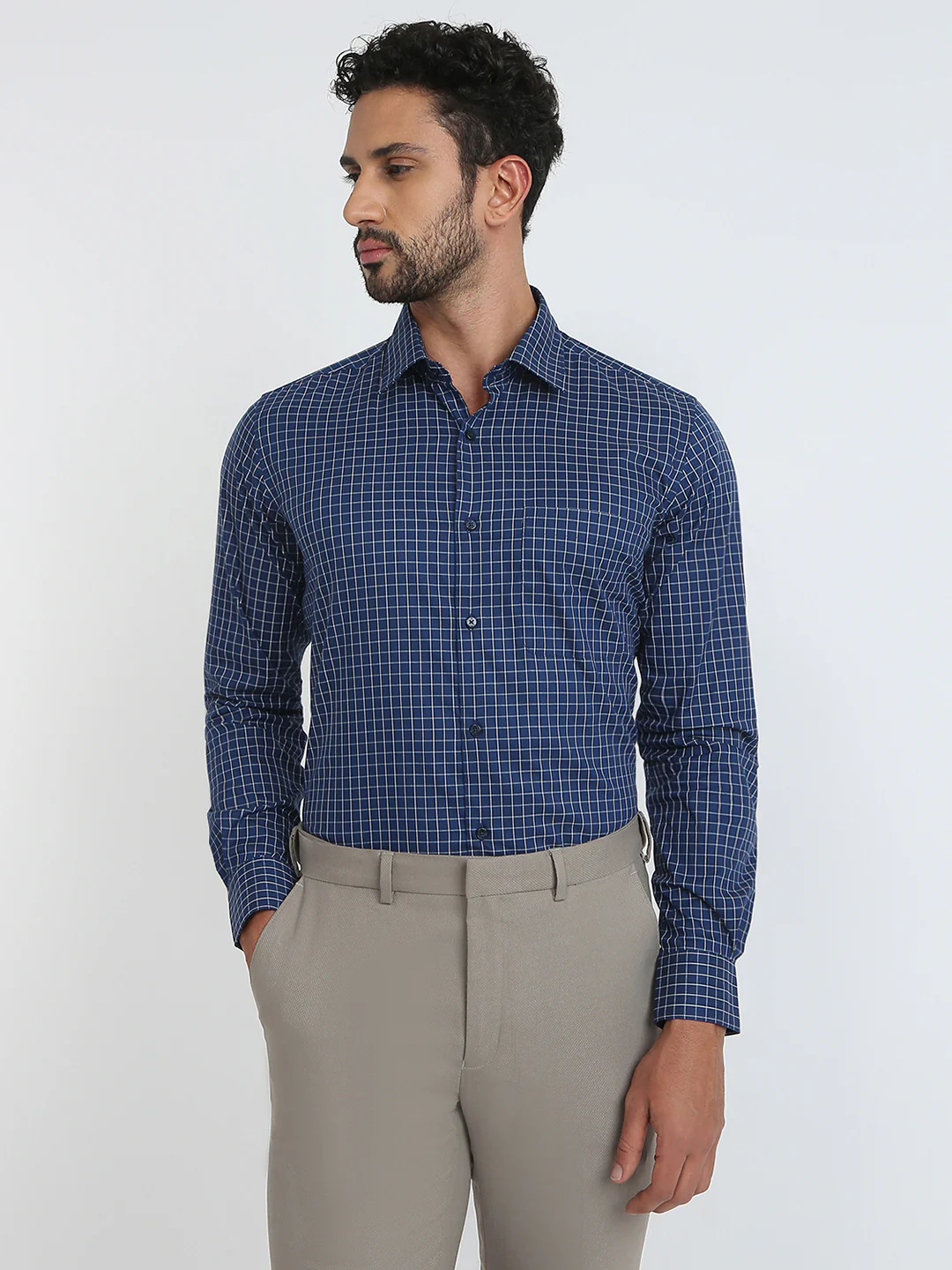 Raymond Men Blue Checks Contemporary Fit Cotton Blend Shirt