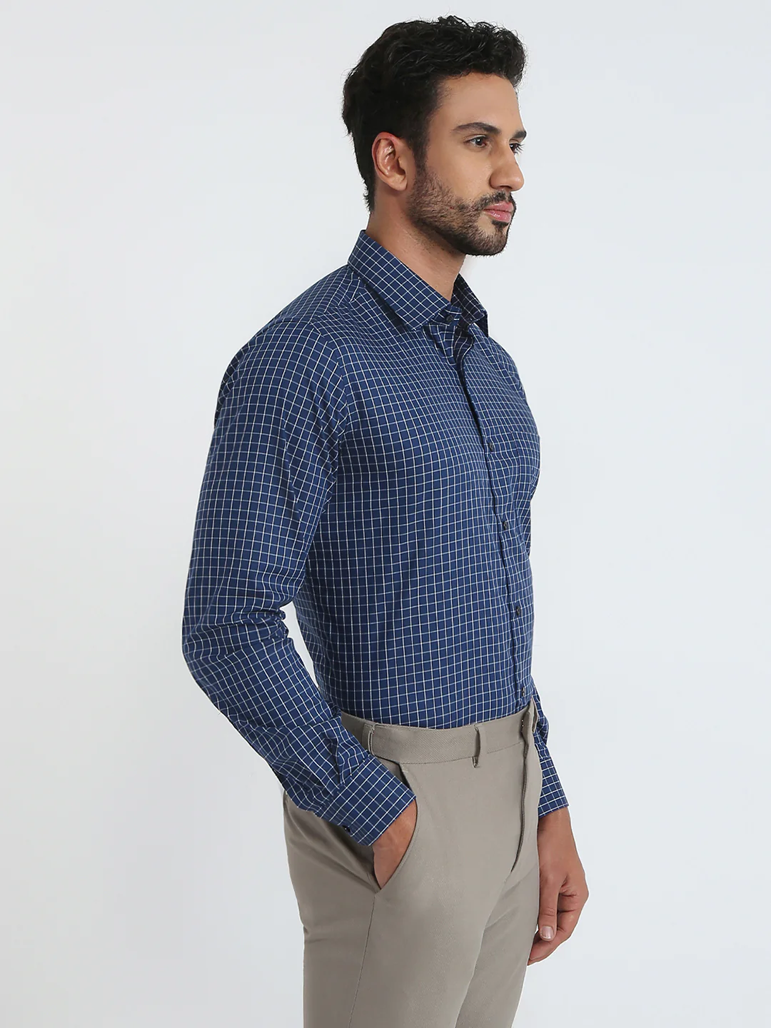Raymond Men Blue Checks Contemporary Fit Cotton Blend Shirt - Image 2