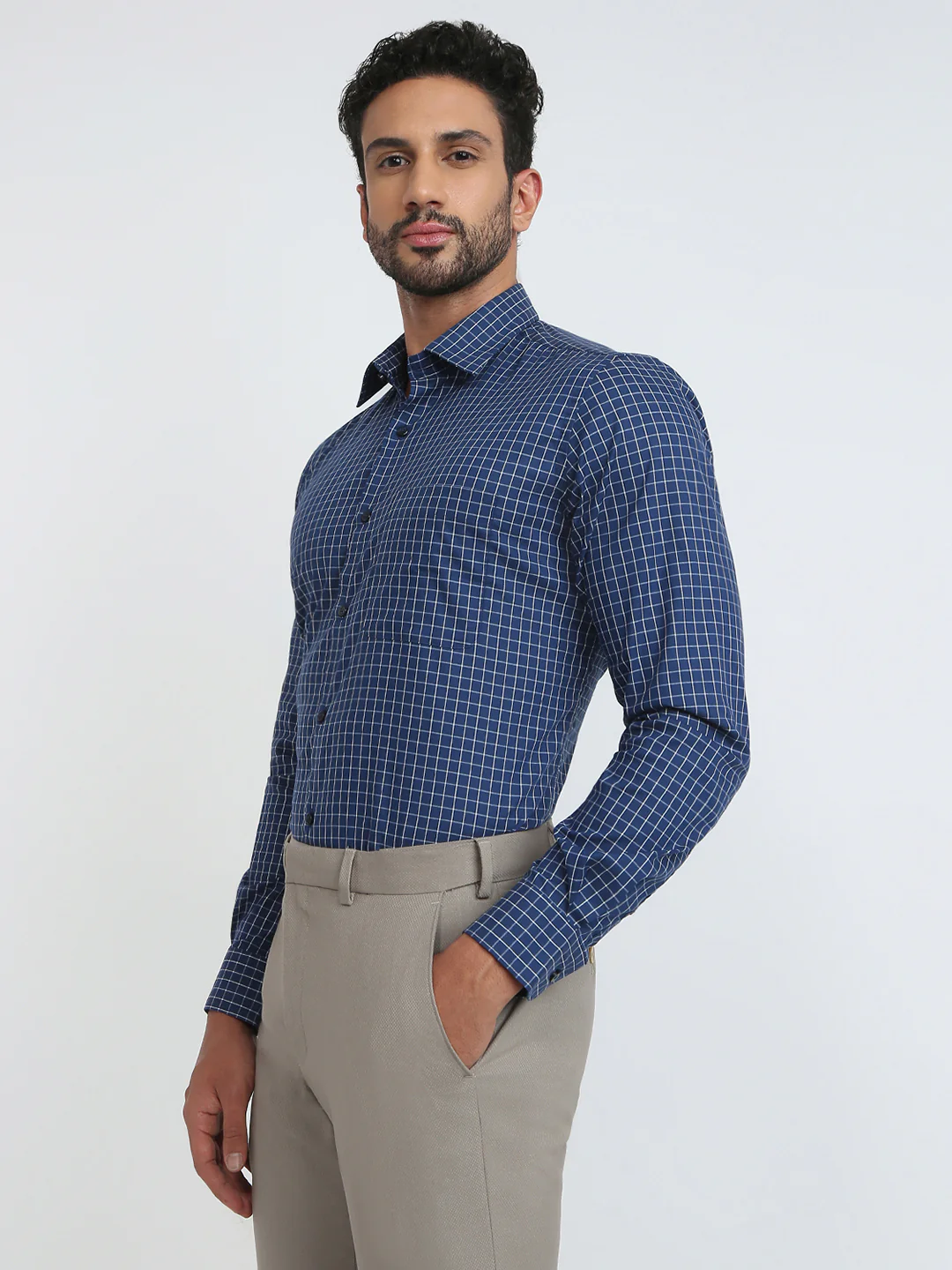 Raymond Men Blue Checks Contemporary Fit Cotton Blend Shirt - Image 3