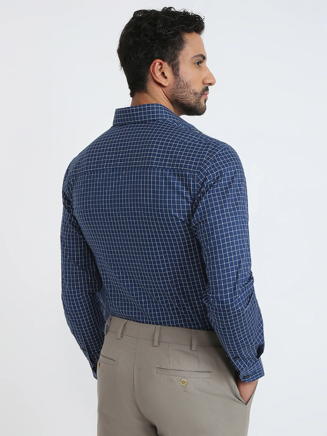 Raymond Men Blue Checks Contemporary Fit Cotton Blend Shirt - Image 4