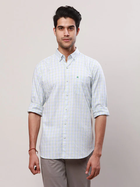 Raymond Men Blue Checks Contemporary Fit Cotton Casual Shirts